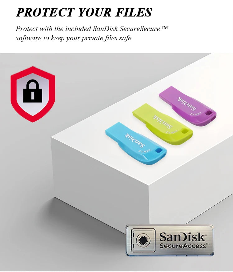 A set of SanDisk SecureSecure software and multiple colored SanDisk SecureAccess flash drives displayed on a white surface.