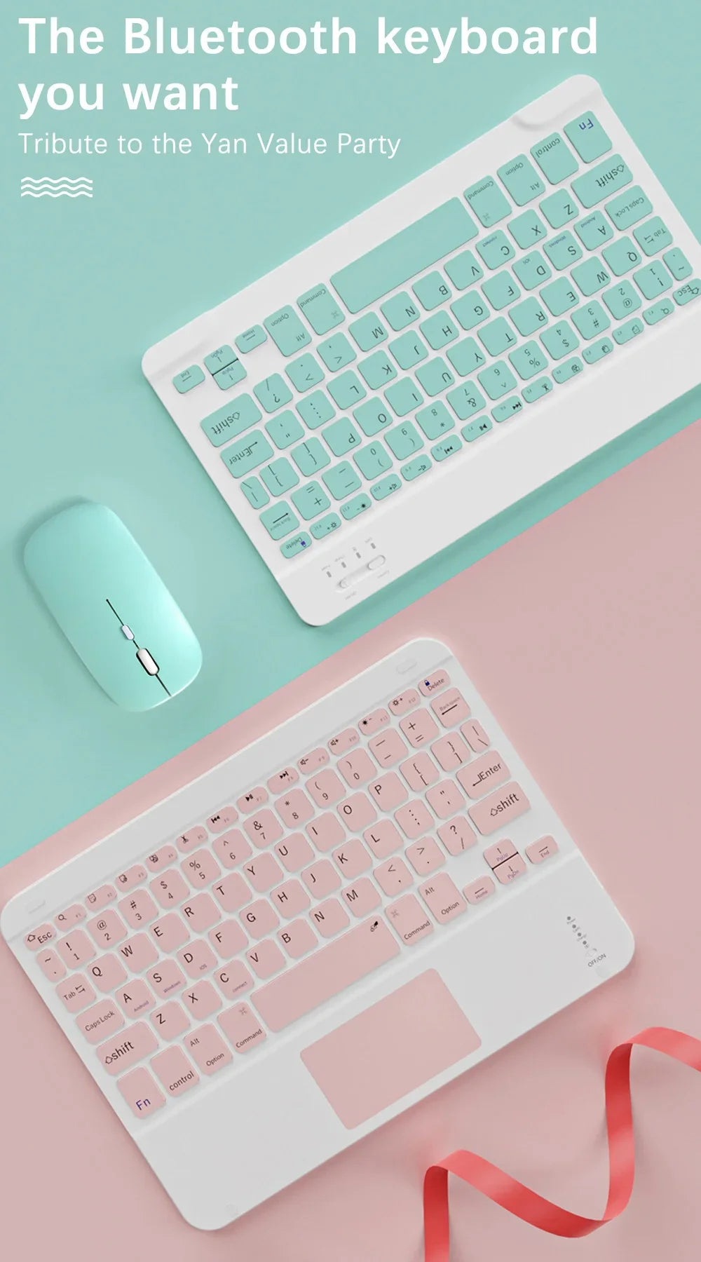 Un teclado Bluetooth blanco junto a un ratón verde azulado sobre un fondo rosa.