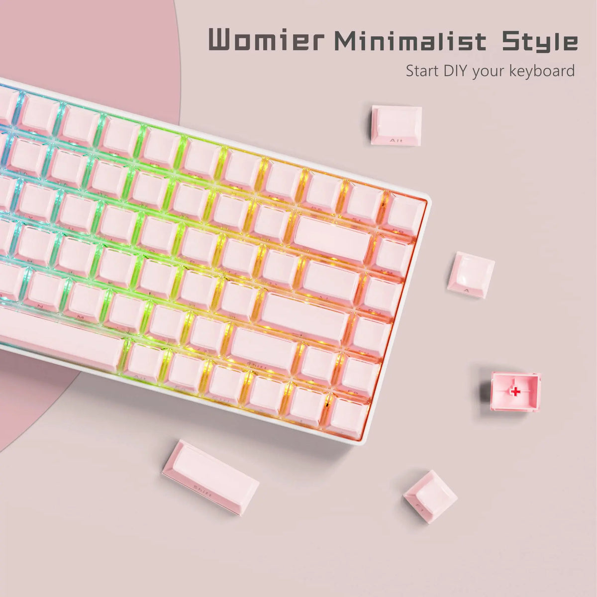 A translucent pink jelly keycaps set for mechanical keyboards displayed on a light background.