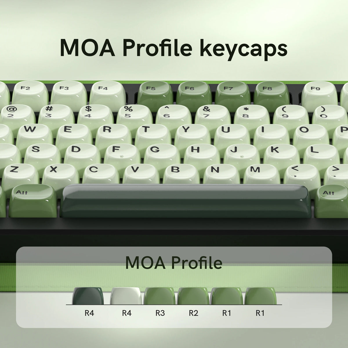 A close-up view of MOA Profile keycaps, showing various colored and profile mechanical keyboard keys.