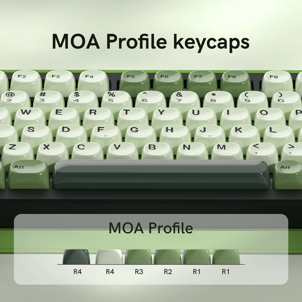 A close-up view of MOA Profile keycaps, showing various colored and profile mechanical keyboard keys.