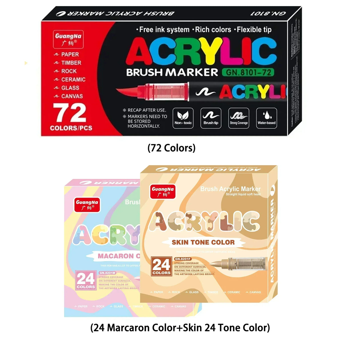 A set of 72 acrylic brush markers and a set of 24 macaron skin tone colors for DIY art