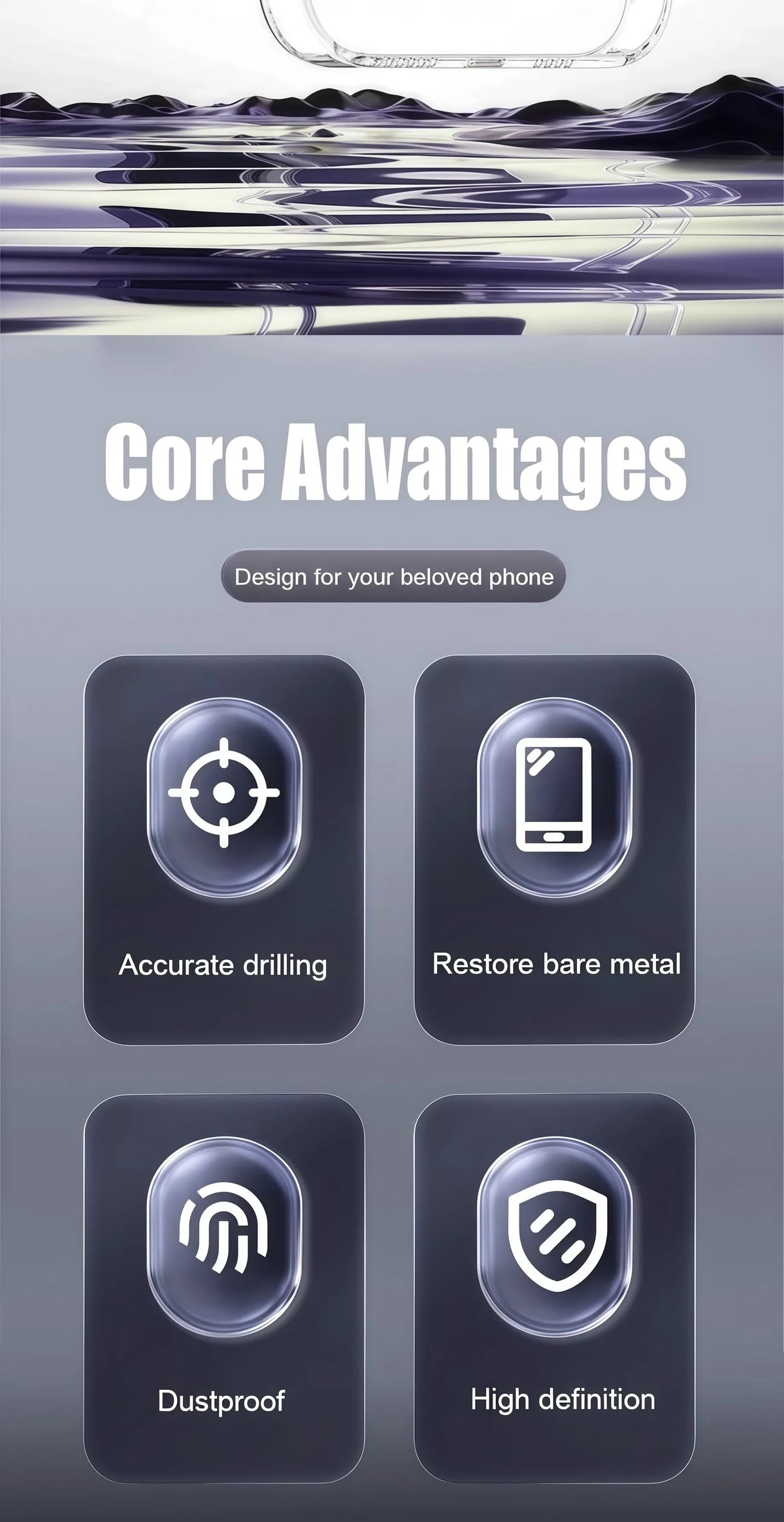 A display showing core advantages of a phone case including accurate drilling, restoring bare metal, dustproof features, and 