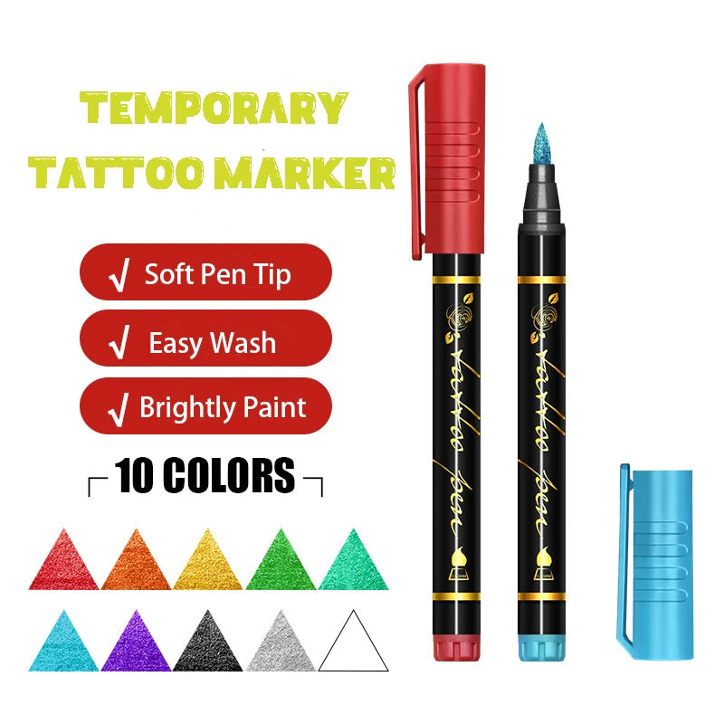 A set of temporary tattoo markers featuring a red applicator and ten colors of paint tips.