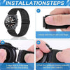 Installation steps showing how to slide a pin into a Garmin watch band for adjustment