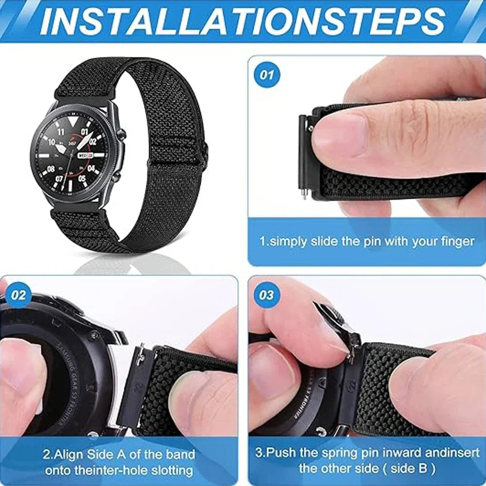 Installation steps showing how to slide a pin into a Garmin watch band for adjustment