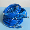 A coil of blue High-Performance Cat6 Ethernet patch cables with RJ45 connectors.
