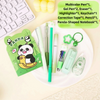 A collection of multicolor school stationery items including pens, erasers, highlighters, correction tape, pencil, and a pand