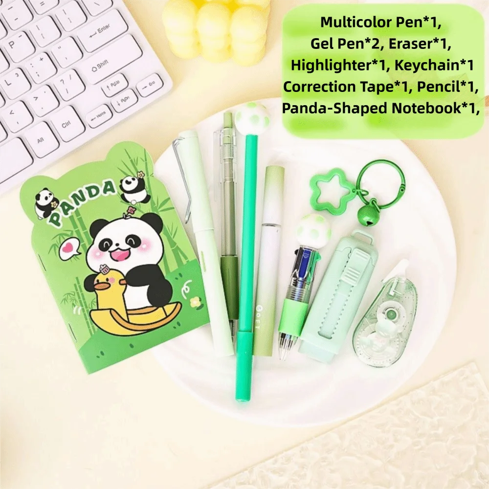 A collection of multicolor school stationery items including pens, erasers, highlighters, correction tape, pencil, and a pand