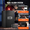 A black dual alarm security safe box is shown with various access methods including fingerprint, key, and password.
