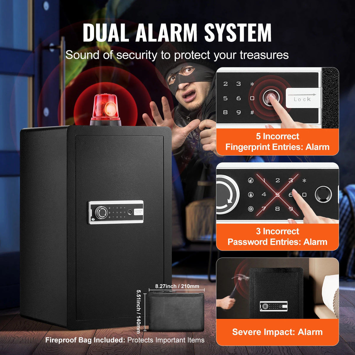 A black dual alarm security safe box is shown with various access methods including fingerprint, key, and password.