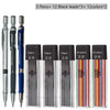 A set of mechanical pencils featuring 3 pens and 12 black leads, plus 3 pens and 12 colored leads.