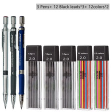 A set of mechanical pencils featuring 3 pens and 12 black leads, plus 3 pens and 12 colored leads.