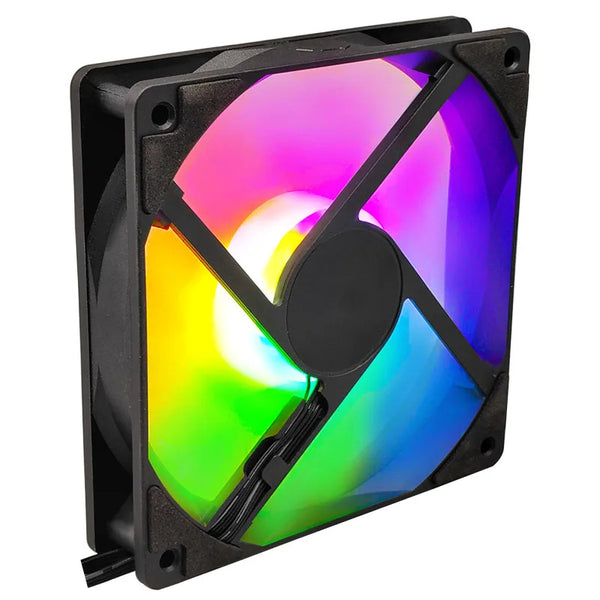 Ventiradisseur de boîtier informatique noir de 120mm RGB avec une pale multicolore en rotation.