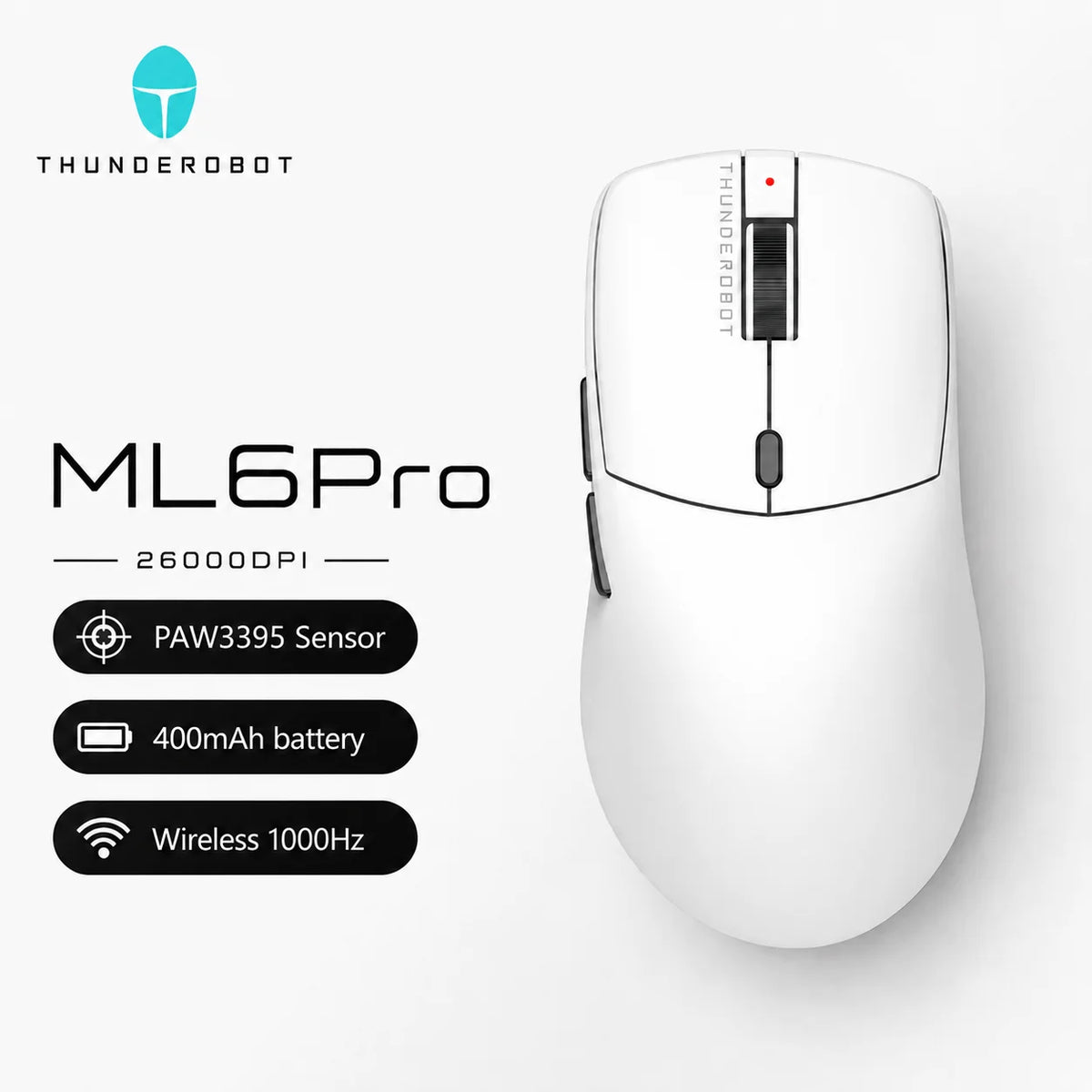 Weißer Thunderobot ML6Pro kabelloser Gaming-Maus mit schwarzem Sensor und Scrollrad.