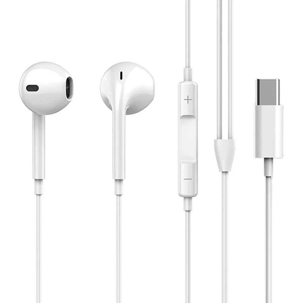 A white portable wired earphone set featuring a stem and a detachable USB-C connector.