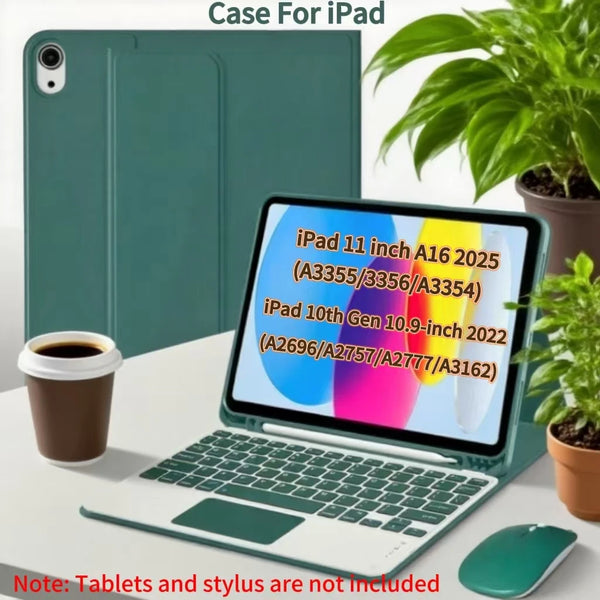 A green case for an iPad, shown next to a laptop and a potted plant.