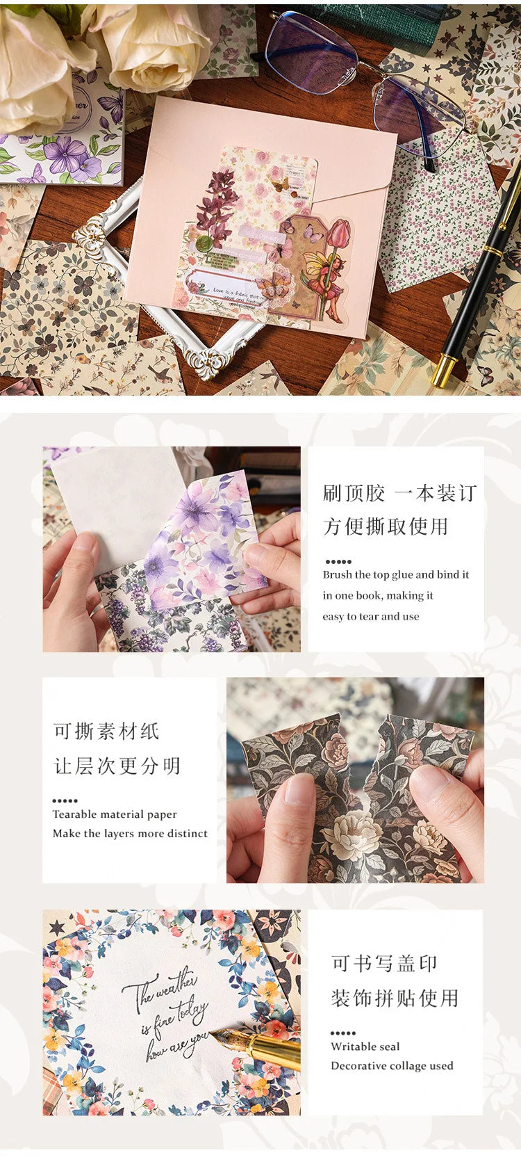 A set of vintage floral square scrapbook paper sheets displayed with tools and examples of layering techniques.