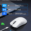 A white wireless gaming mouse is shown with various connection modes like BT, 2.4G, and Type-C, illustrating tri-mode switchi
