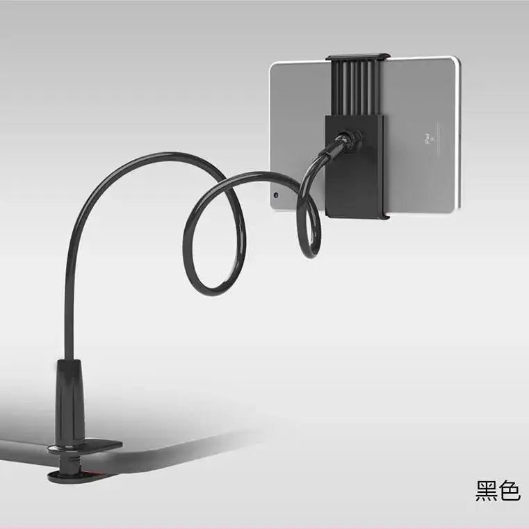 A black flexible gooseneck clamp holder is shown gripping a tablet or phone.