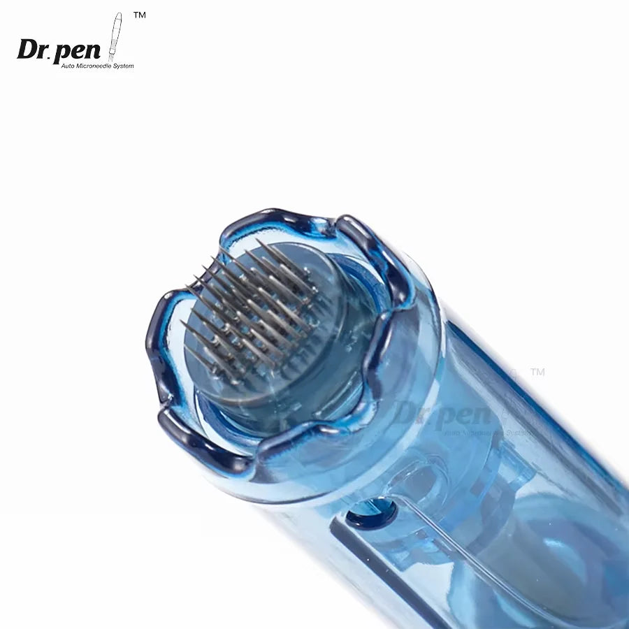 Close-up view of a blue Dr. pen microneedling cartridge with a textured tip.