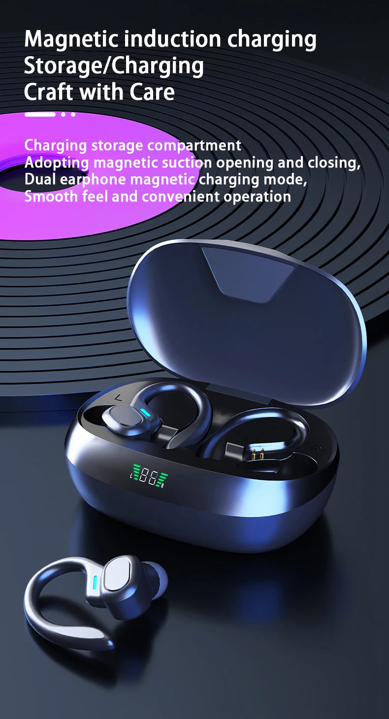A pair of blue magnetic induction charging ear hooks displayed in an open case with a separate hook shown below.