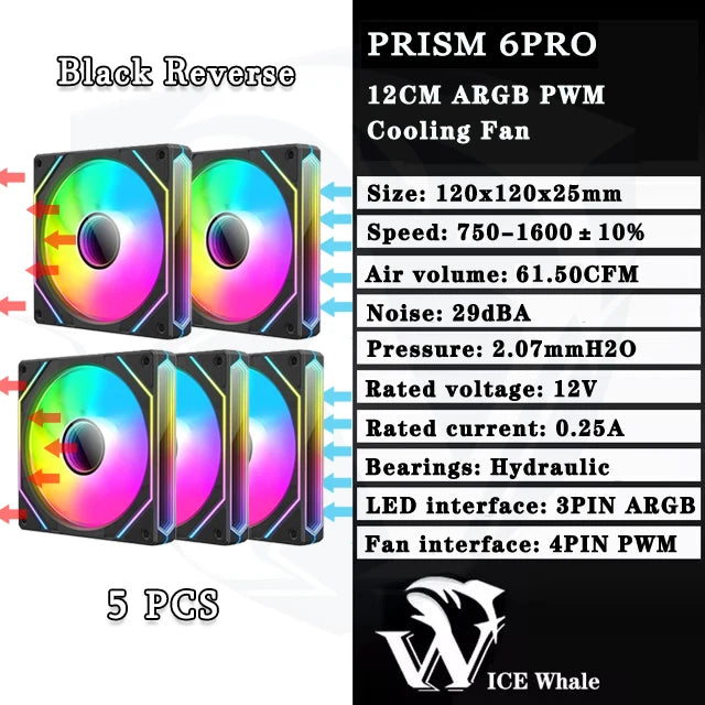 مروحة تبريد ARGB بتقنية PWM مع محامل هيدروليكية وواجهة 4-pin لـ Black Reverse prism 6pro