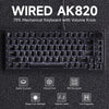A black Wired AK820 75% mechanical keyboard featuring a volume knob and hot-swappable switches.