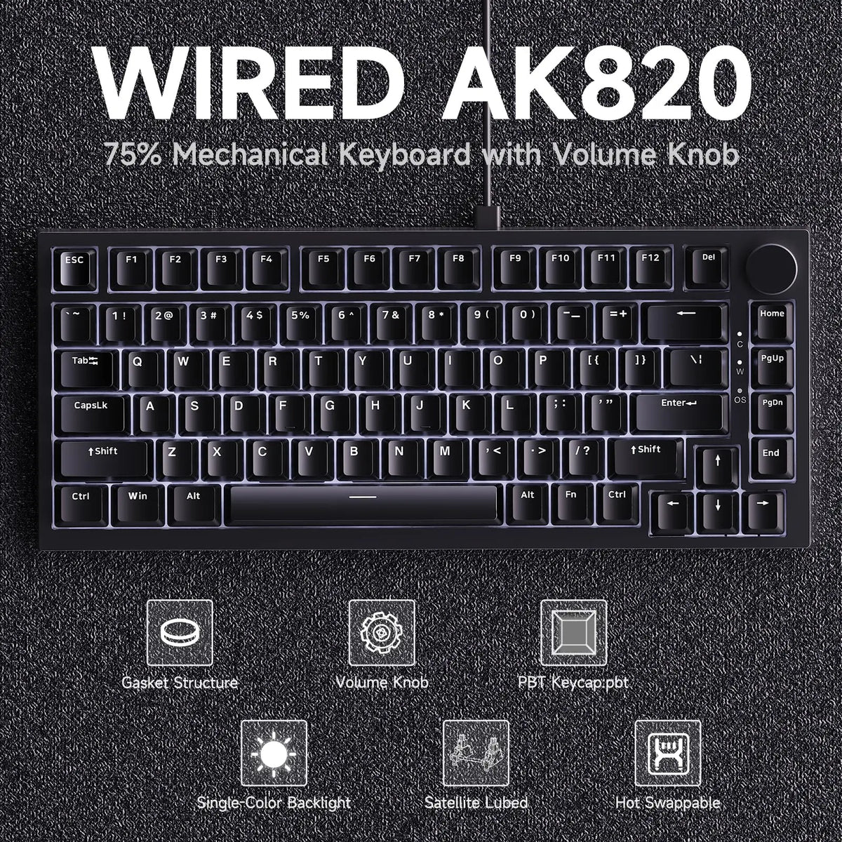 A black Wired AK820 75% mechanical keyboard featuring a volume knob and hot-swappable switches.