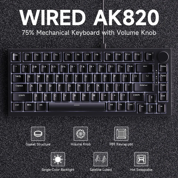A black Wired AK820 75% mechanical keyboard featuring a volume knob and hot-swappable switches.