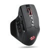 A black wireless MMO gaming mouse with side buttons and a red accent is shown from above.