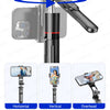 Three views of an extendable selfie stick tripod showing horizontal, vertical, and overhead angles.