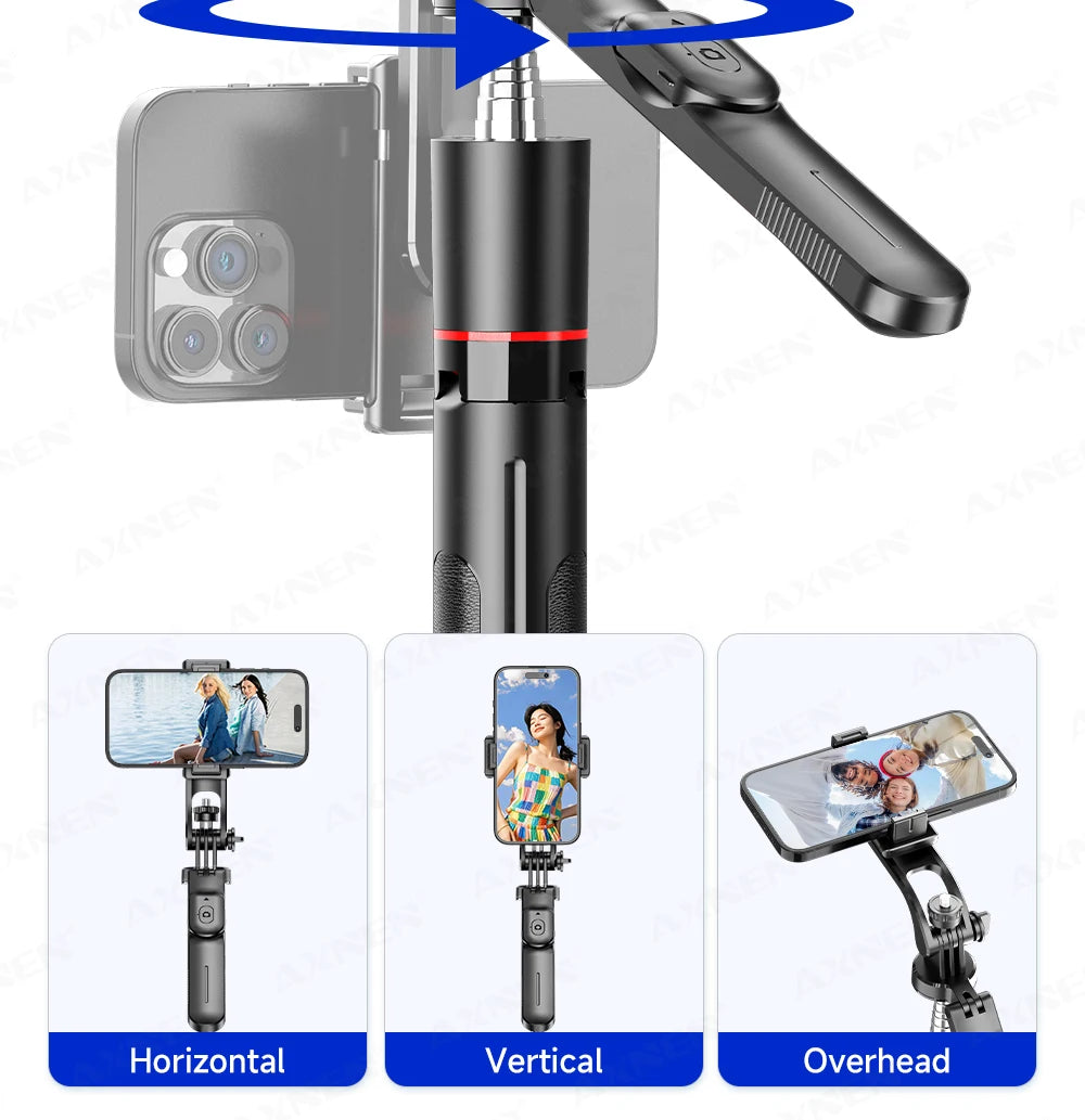 Three views of an extendable selfie stick tripod showing horizontal, vertical, and overhead angles.