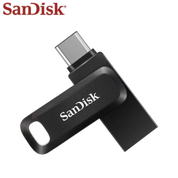 Black SanDisk Ultra Dual Drive flash drive with USB Type-C and Type-A connectors.