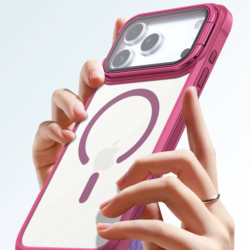 A hand holds a pink magnetic shockproof iPhone case with camera lens protection displaying the Apple logo.