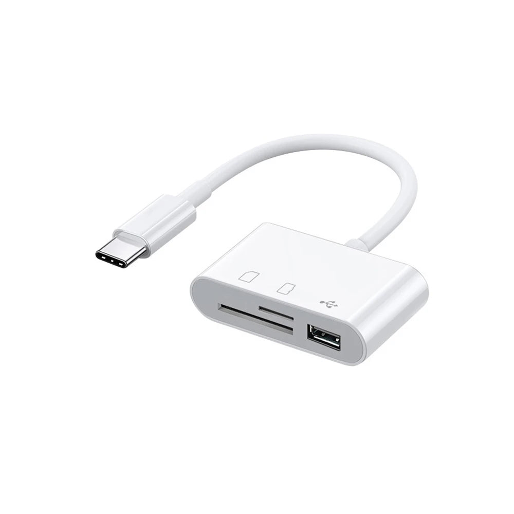 White USB-C 3-in-1 adapter with SD/TF card reader and cable.