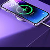 A clear magnetic suction phone case is shown on an iPhone, demonstrating emergency port compatibility.
