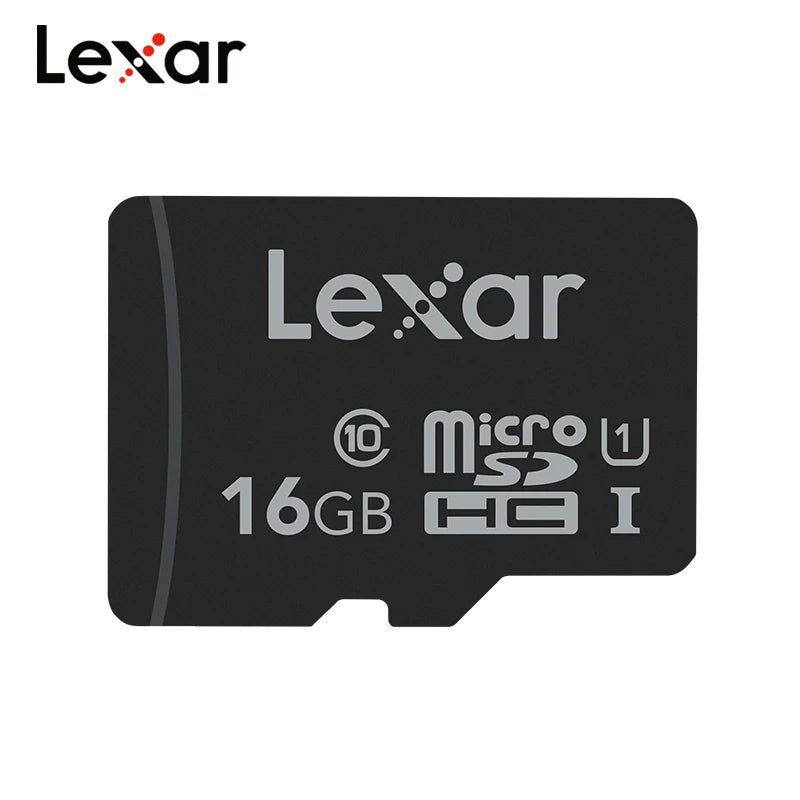 A black Lexar Micro SD memory card with branding and specifications printed on the surface.