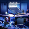 A high-performance laptop cooling pad with 12 silent fans is shown in a modern office and a youth apartment setting.