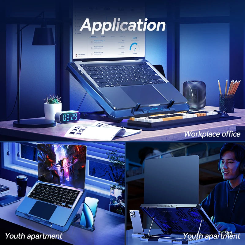 A high-performance laptop cooling pad with 12 silent fans is shown in a modern office and a youth apartment setting.