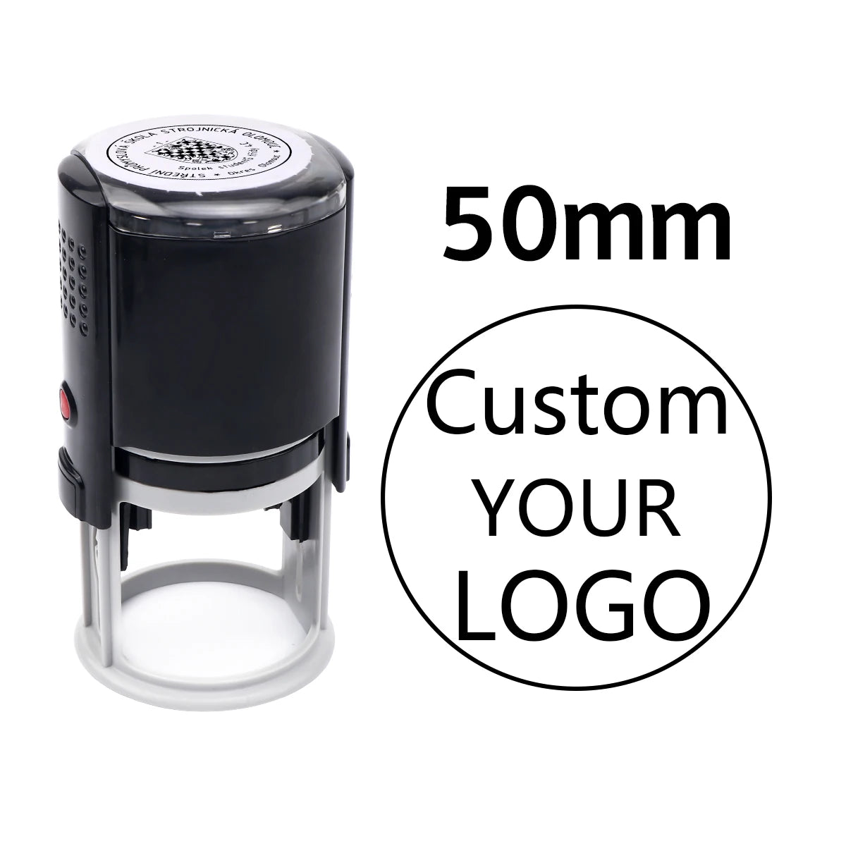 A black self-inking stamp with a clear base and a lid, featuring text indicating a 50mm size for custom logo printing.