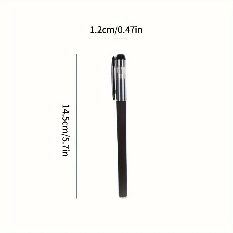 A black precision gel pen is shown next to a measurement scale indicating its length of 14.5 cm or 5.7 inches.