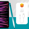 A precision magnetic stylus pen in light blue and white is shown next to a charging cable and a gift box on a white backgroun