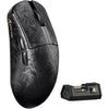 A black high-performance wireless gaming mouse is shown next to its charging cradle.