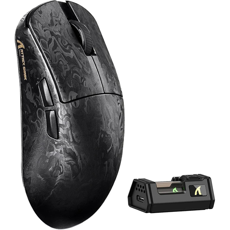A black high-performance wireless gaming mouse is shown next to its charging cradle.