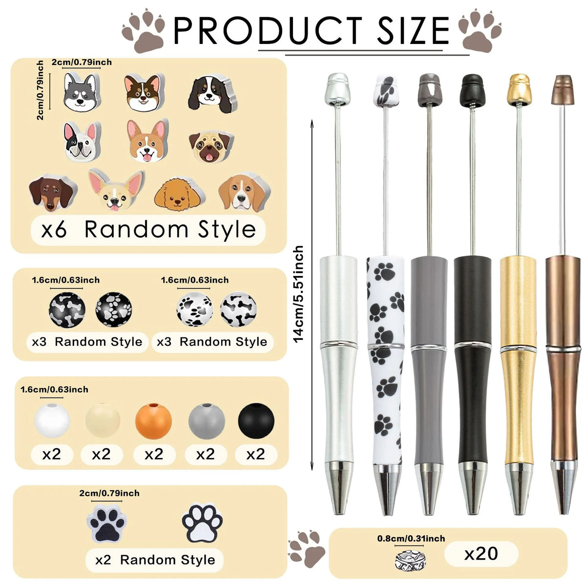 A variety of acrylic beaded pens in different styles and colors are displayed with various sizes.