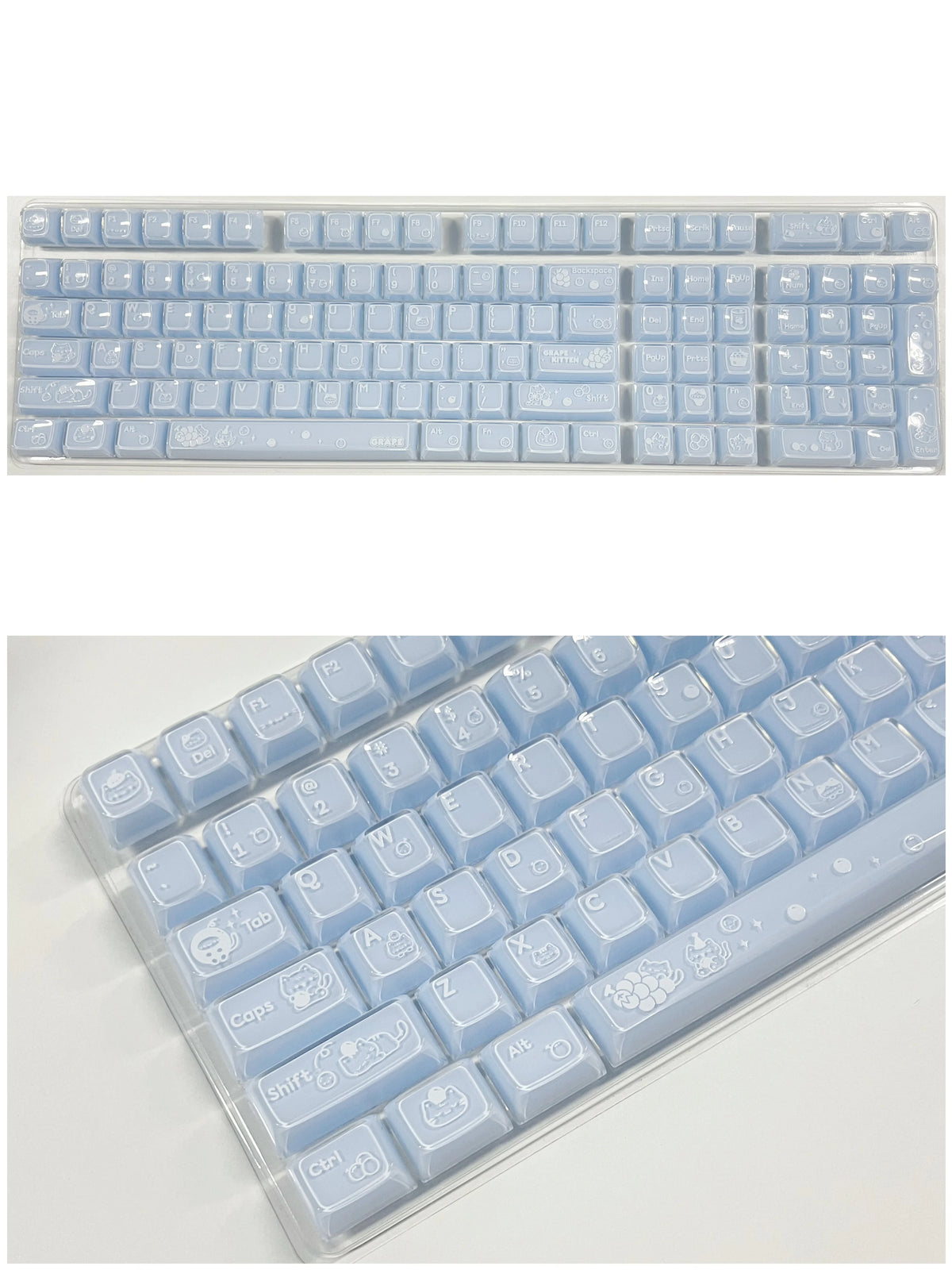 A close-up view of translucent ice crystal mechanical keycaps for Cherry MX switches arranged in a plastic tray.