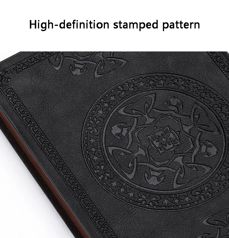 Black retro PU leather pocket notebook with a high-definition stamped pattern design