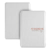 A white magnetic detachable folio cover for an e-reader with a pink script text on the front.