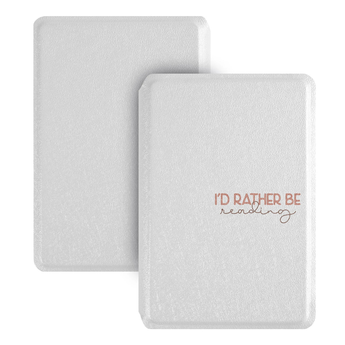 A white magnetic detachable folio cover for an e-reader with a pink script text on the front.